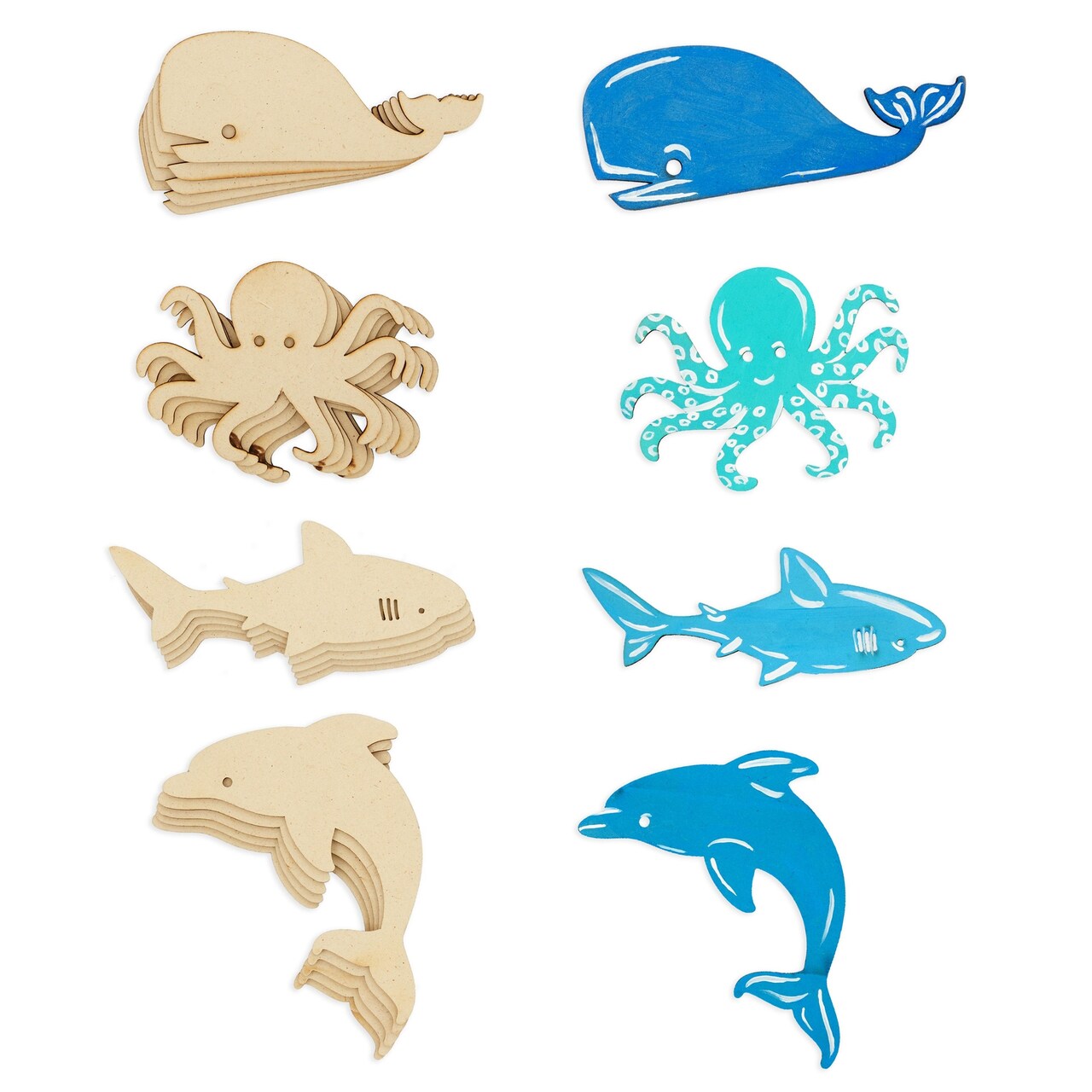 24 Pieces Unfinished Sea Creatures Wood Cutouts for Crafts, Wooden Ocean Animals (Octopus, Shark, Whale, Dolphin)